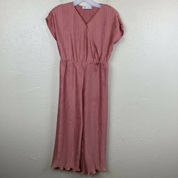 Zara Pants - Zara Womens Faux Wrap Jumpsuit Pink Textured Pleated Scalloped Hem Bow 11/12